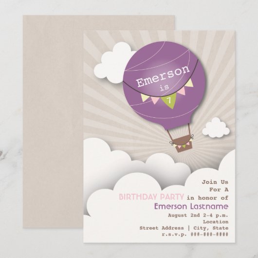 Paarse Hot Air ballon en wolkenkrabbers Kinderen B Kaart (Voorkant / Achterkant)