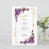 Paarse Hot Pink Gold Waterverf Floral Menu (Staand voorkant)