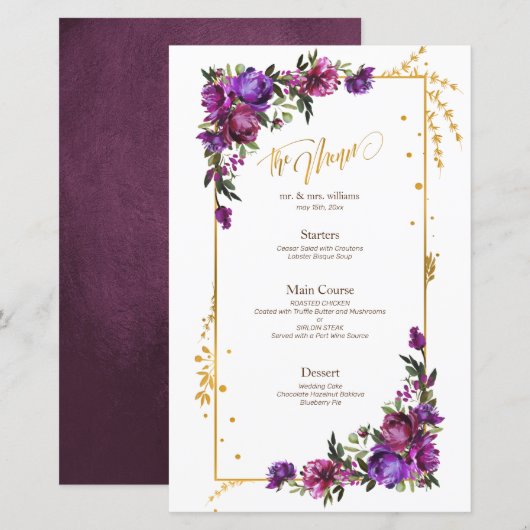 Paarse Hot Pink Gold Waterverf Floral Menu (Voorkant / Achterkant)