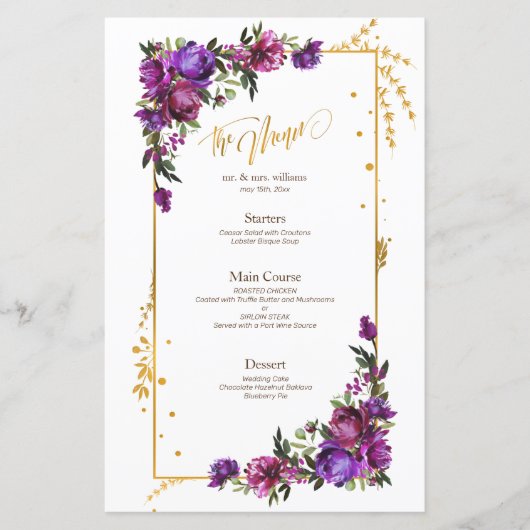 Paarse Hot Pink Gold Waterverf Floral Menu (Voorkant)