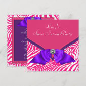 Paarse Hot Pink Zebra Sweet 16 Verjaardagsfeest Kaart (Voorkant / Achterkant)
