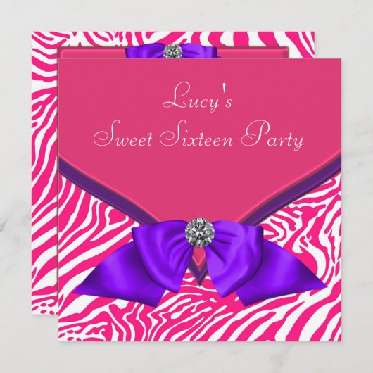 Paarse Hot Pink Zebra Sweet 16 Verjaardagsfeest Kaart (Voorkant / Achterkant)