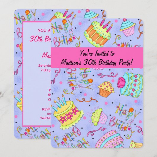 Paarse hotroze 30e verjaardag uitnodiging (Voorkant / Achterkant)