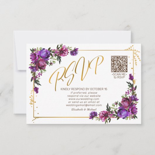 Paarse hotroze Floral Gold Script QR-code RSVP (Voorkant)