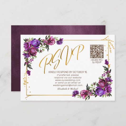 Paarse hotroze Floral Gold Script QR-code RSVP (Voorkant / Achterkant)