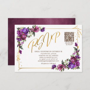 Paarse hotroze Floral Gold Script QR-code RSVP