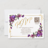 Paarse hotroze Floral Gold Script QR-code RSVP Kaartje (Voorkant)