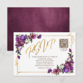 Paarse hotroze Floral Gold Script QR-code RSVP Kaartje (Voorkant / Achterkant)