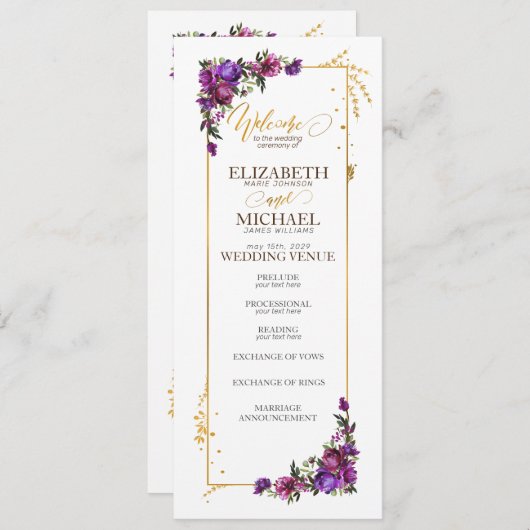 Paarse hotroze gouden Waterverf Programmakaart (Voorkant / Achterkant)