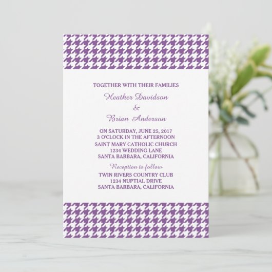 Paarse Houndstooth Wedding Invite Kaart (Staand voorkant)