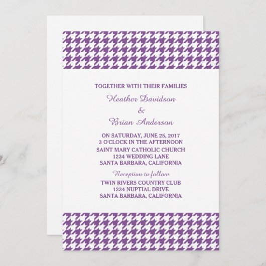 Paarse Houndstooth Wedding Invite Kaart (Voorkant / Achterkant)