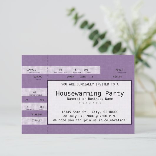 paarse housewarming concertticket kaart (Staand voorkant)
