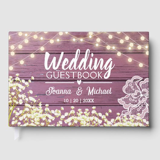 Paarse Houten Baby's Breath Lights & Kant Bruiloft Gastenboek (Voorkant)
