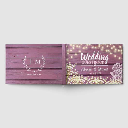 Paarse Houten Baby's Breath Lights & Kant Bruiloft Gastenboek (Volledig)