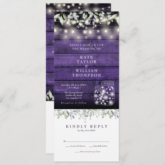 Paarse Houten Bloem Mason Potten All In One Trouw  Kaart (Voorkant / Achterkant)