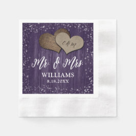 Paarse Houten Burlap Hearts Mr & Mrs Wedding Servet