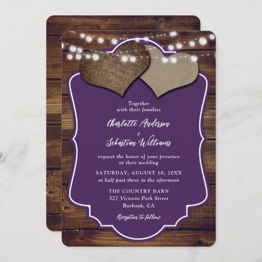 Paarse Houten Burlap Hearts String Lights Wedding Kaart (Voorkant / Achterkant)