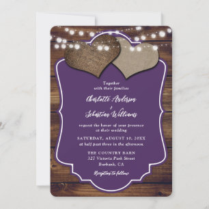 Paarse Houten Burlap Hearts String Lights Wedding Kaart