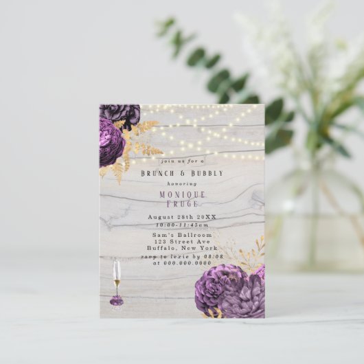 Paarse houten lights Brunch & Bubble Kaart (Staand voorkant)