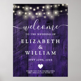 Paarse houten slingerlichten bruiloft welkomstbord poster