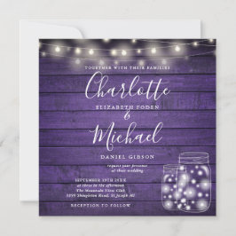 Paarse houten strijklichten Mason Jar foto bruilof Kaart