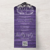 Paarse Houten Strijklichten QR Code Bloemen Huweli All In One Uitnodiging (Binnen)