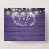 Paarse Houten Strijklichten QR Code Bloemen Huweli All In One Uitnodiging (Achterkant)