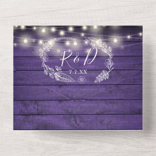 Paarse Houten Strijklichten QR Code Bloemen Huweli All In One Uitnodiging (Achterkant)
