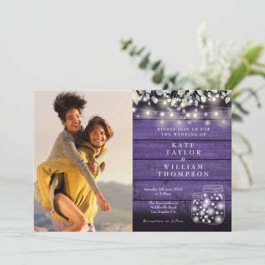 Paarse houten string lichten bloemenfoto bruiloft kaart (Staand voorkant)