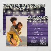 Paarse houten string lichten bloemenfoto bruiloft kaart (Voorkant / Achterkant)