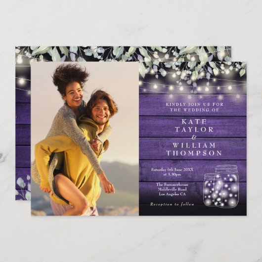 Paarse houten string lichten bloemenfoto bruiloft kaart (Voorkant / Achterkant)