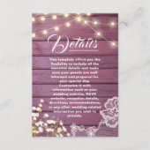 Paarse houten string verlichting & kant bruiloft d informatiekaartje (Voorkant)