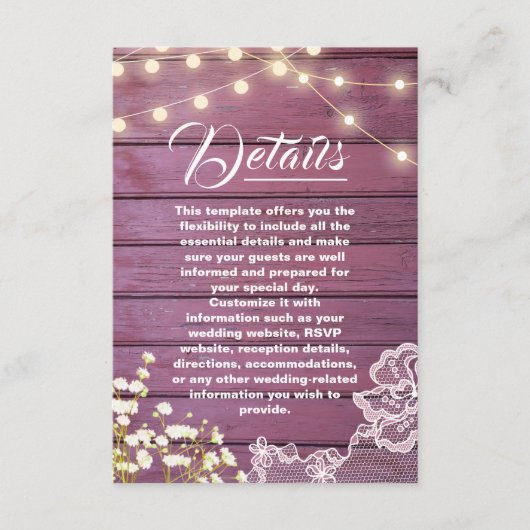 Paarse houten string verlichting & kant bruiloft d informatiekaartje (Voorkant)