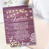 Paarse houten string verlichting & kant bruiloft d informatiekaartje