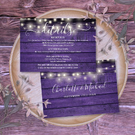 Paarse houten string verlichting script bruiloft d informatiekaartje