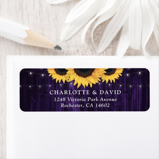 Paarse Houten Zonnebloem Trouw Retouradres Etiket (Insitu)