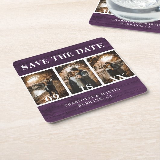 Paarse houtwuwfoto slaat de datum op kartonnen onderzetters (Schuin)