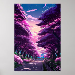 Paarse Hues van Cherry Blossom Alley op Sunset Poster