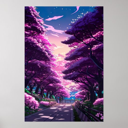 Paarse Hues van Cherry Blossom Alley op Sunset Poster (Voorkant)