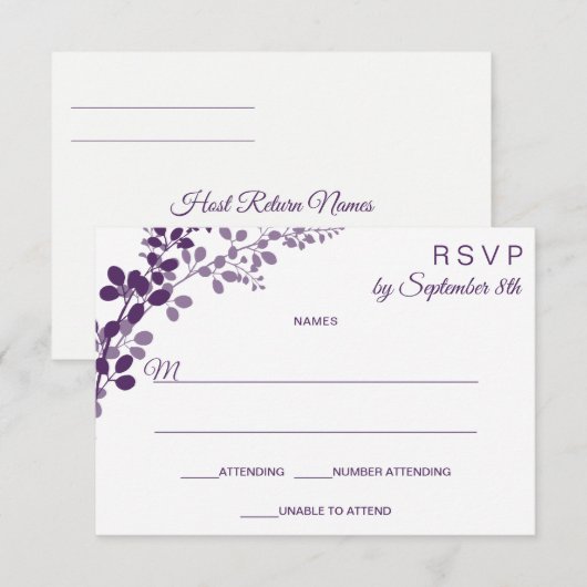 Paarse Huwelijks Korte RSVP / Antwoord Ansichtkaar Kaart (Voorkant / Achterkant)