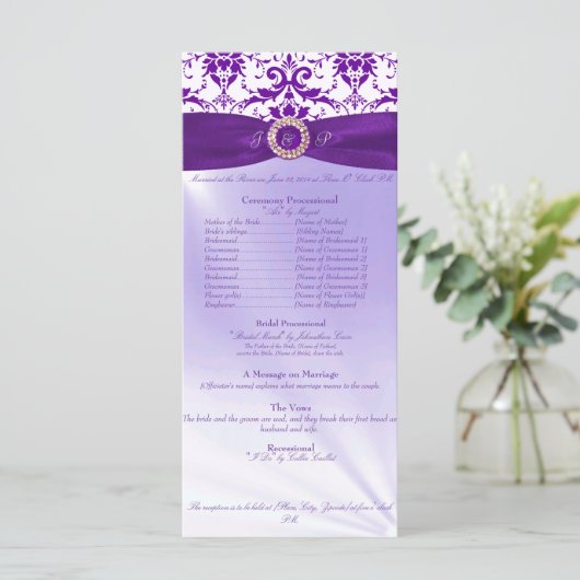 Paarse huwelijksceremonie programmakaart (Staand voorkant)