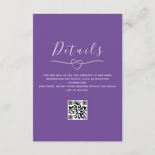 Paarse Huwelijksdetails QR Code Informatiekaartje (Voorkant)