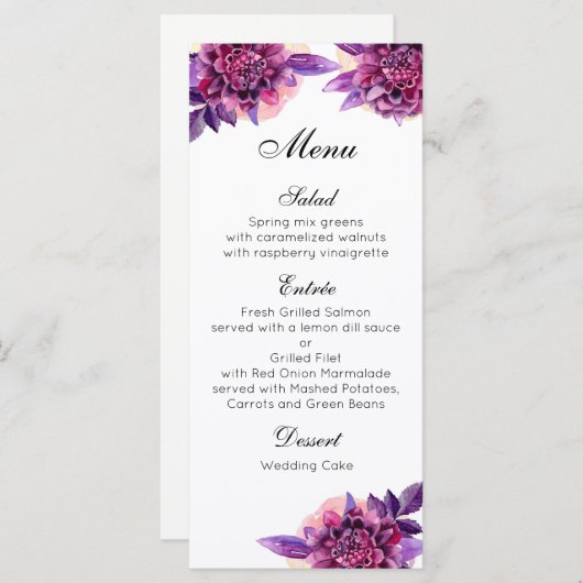 Paarse huwelijksdiner menu. Bloemen menu party (Voorkant / Achterkant)
