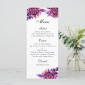 Paarse huwelijksdiner menu. Bloemen menu party (Staand voorkant)