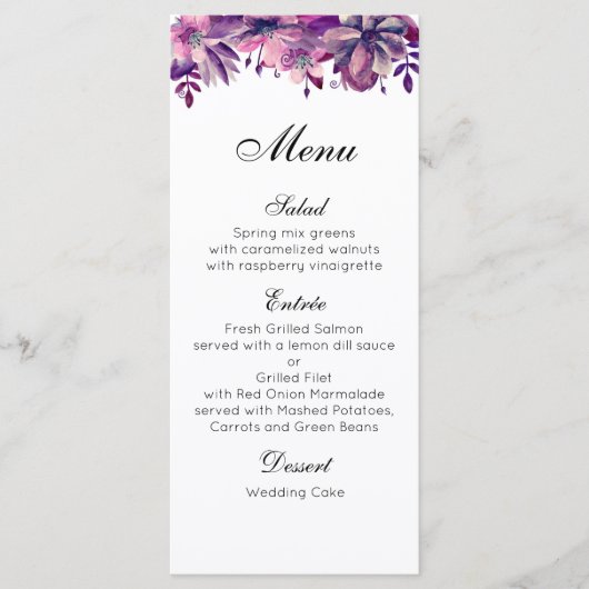 Paarse huwelijksmenu. Bloemendiner menu waterverf (Voorkant)