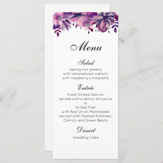 Paarse huwelijksmenu. Floral diner menu waterverf (Voorkant / Achterkant)