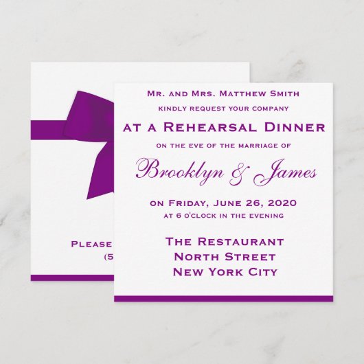 Paarse huwelijksrepetitie diner uitnodigingen met  (Voorkant / Achterkant)