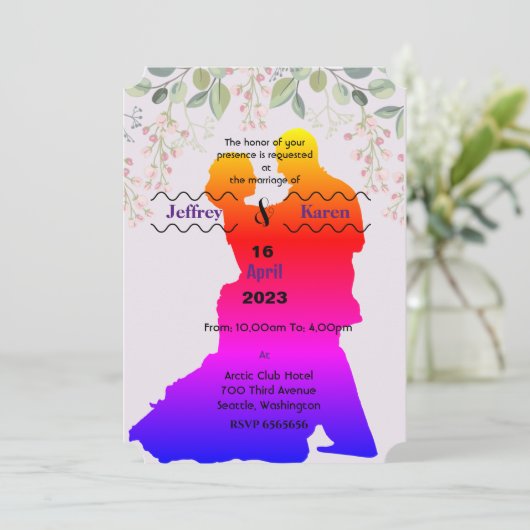 Paarse huwelijksuitnodiging kaart (Staand voorkant)