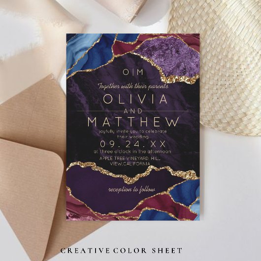 Paarse huwelijksuitnodiging Monogram Modern  Kaart