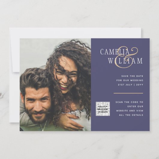 Paarse Huwelijksuitnodiging QR Code Bewaar Datum F Kaart (Voorkant)